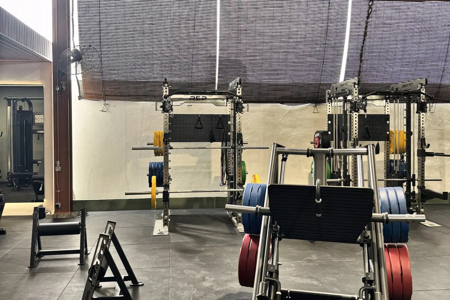 Loaded power racks and a plate-loaded leg press against the shaded wall